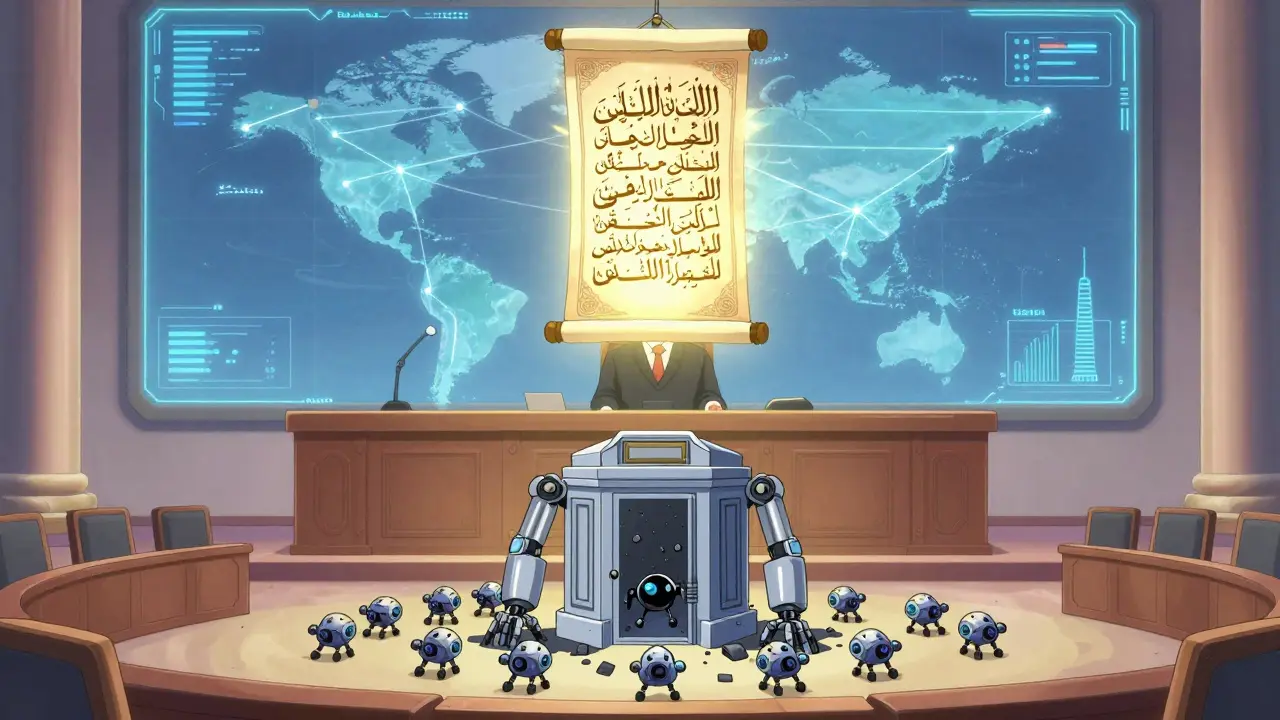 Un fatwa religieux flotte au-dessus d’un tribunal où un robot bancaire est démantelé par des drones blockchain, dans un style spirituel et cyberpunk.