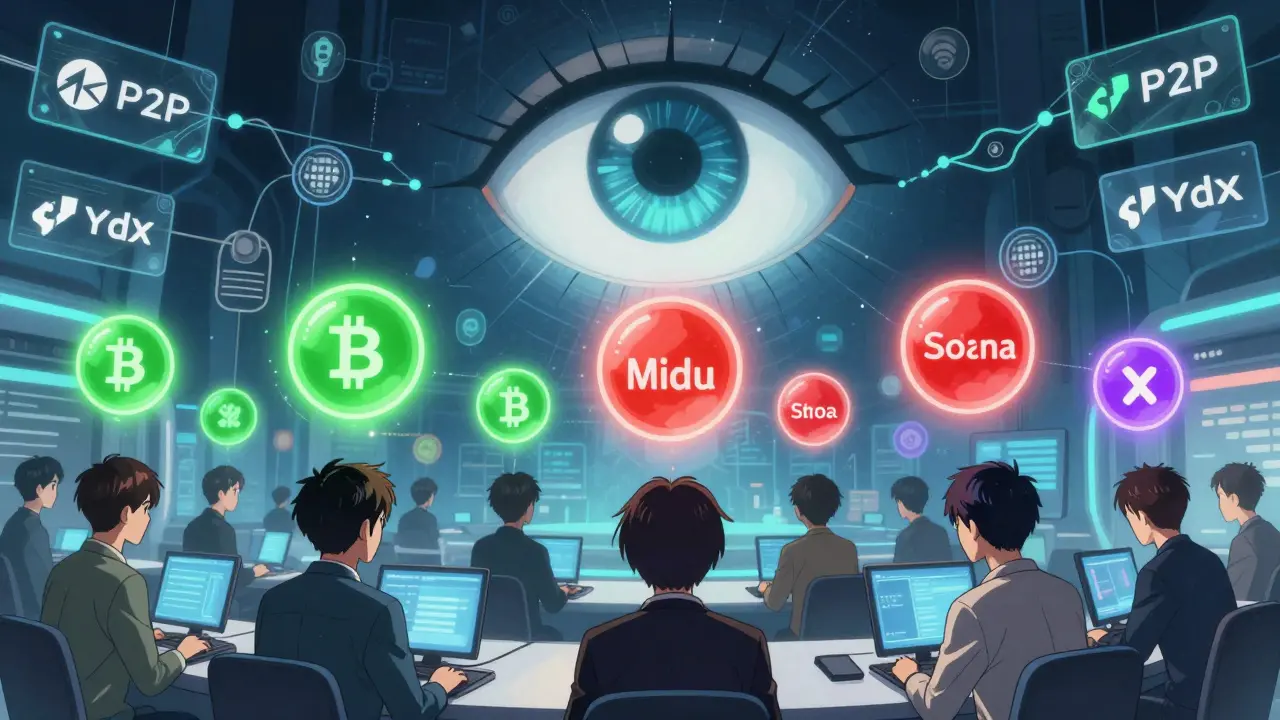 Un marché crypto futuriste avec des orbites de taux d&#039;intérêt colorés et une IA surveillant les échanges en temps réel.