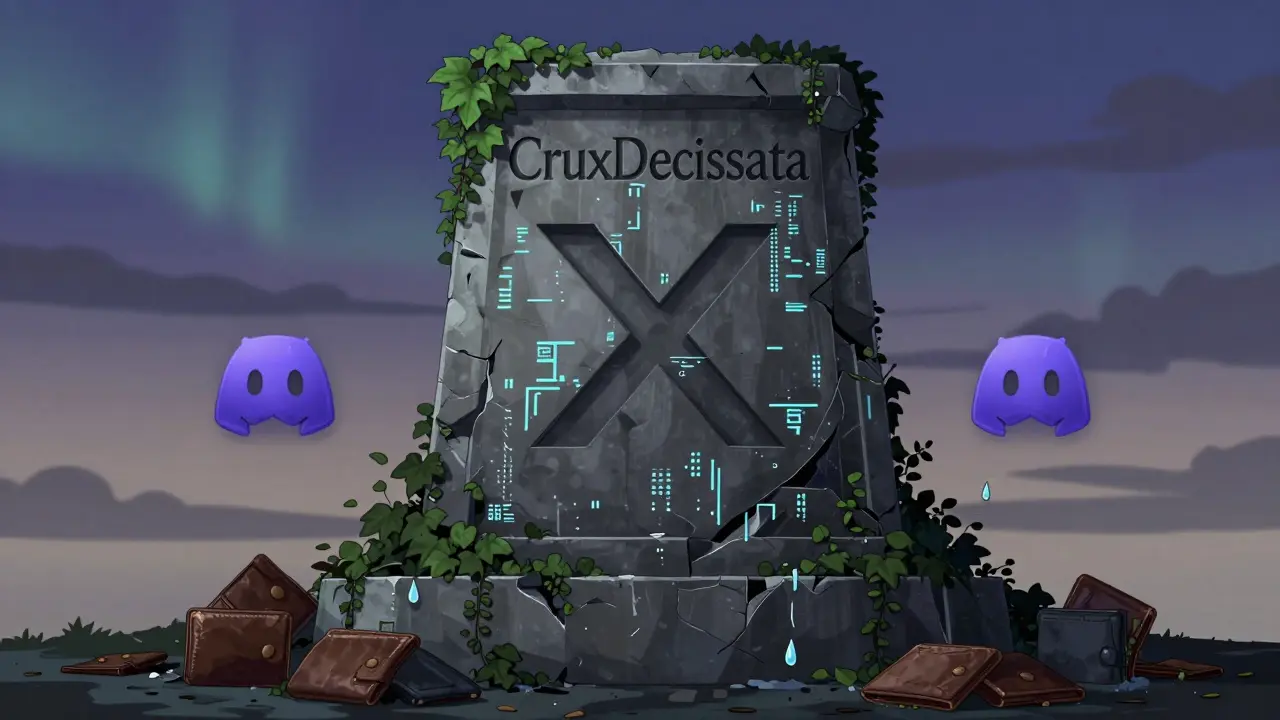 Un monument détruit portant le nom CruxDecussata (X), recouvert de symboles numériques et d’objets abandonnés.