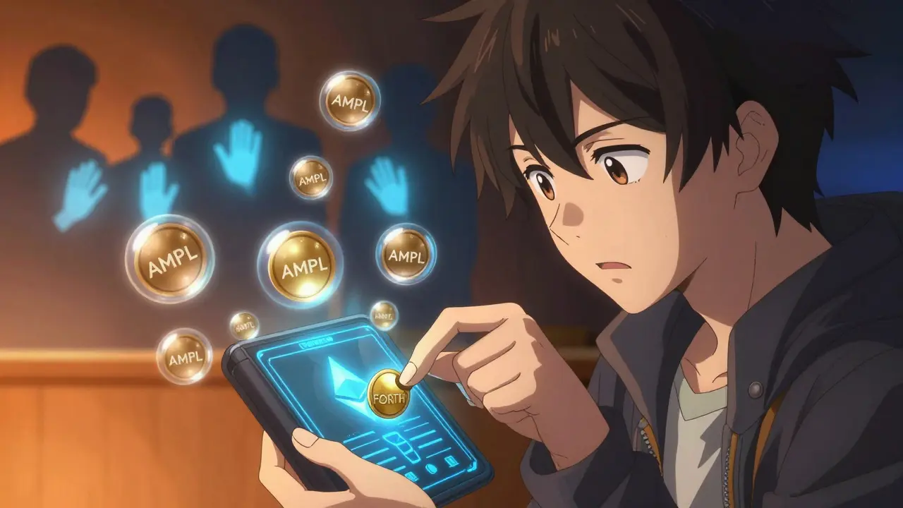 Un personnage anime insère un jeton FORTH dans un portefeuille Ethereum entouré de tokens AMPL fluctuants.