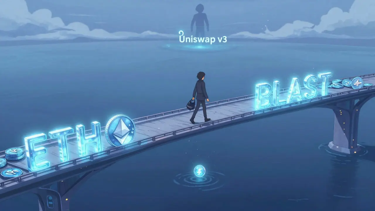 Un pont de jetons ETH et BLAST reliant deux mondes numériques, avec Uniswap v3 en arrière-plan, en style anime cel-shaded.