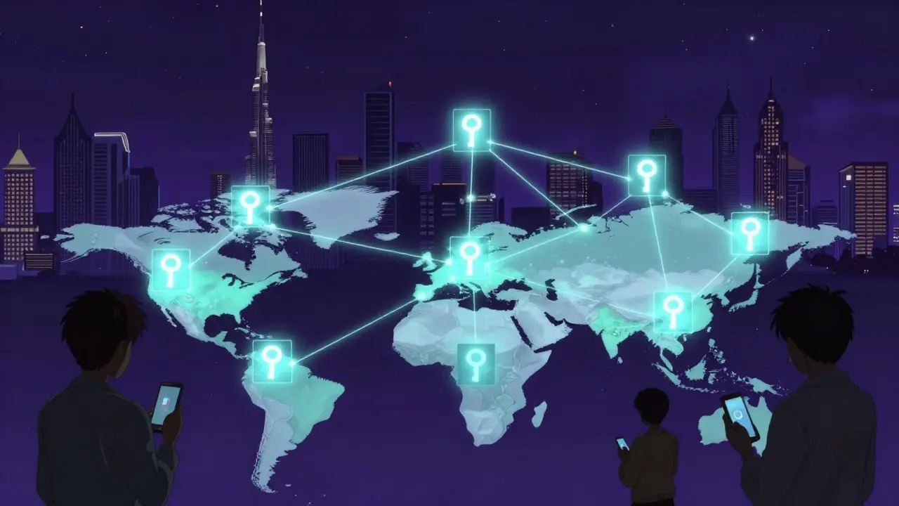 Un réseau mondial de nœuds crypto reliés par des lumières brillantes, symbolisant la résilience décentralisée.