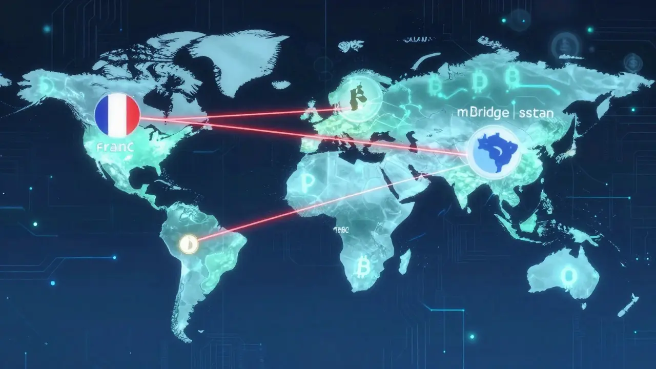 Un réseau mondial de transferts CBDC reliant la France, le Brésil et le Japon, avec des symboles Bitcoin en arrière-plan.