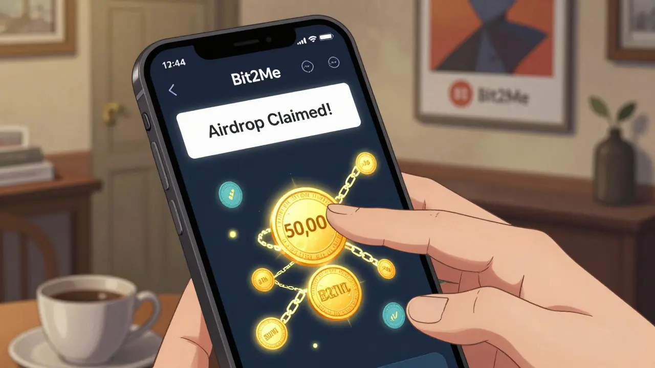 Un téléphone affiche une notification d'airdrop B2M tandis que des jetons sont stakés dans un pool.