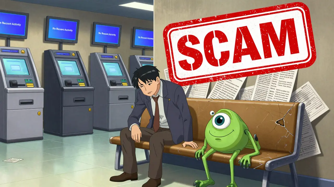 Un trader isolé dans une salle d'échange abandonnée, avec un petit mascotte Forky triste sur l'épaule.