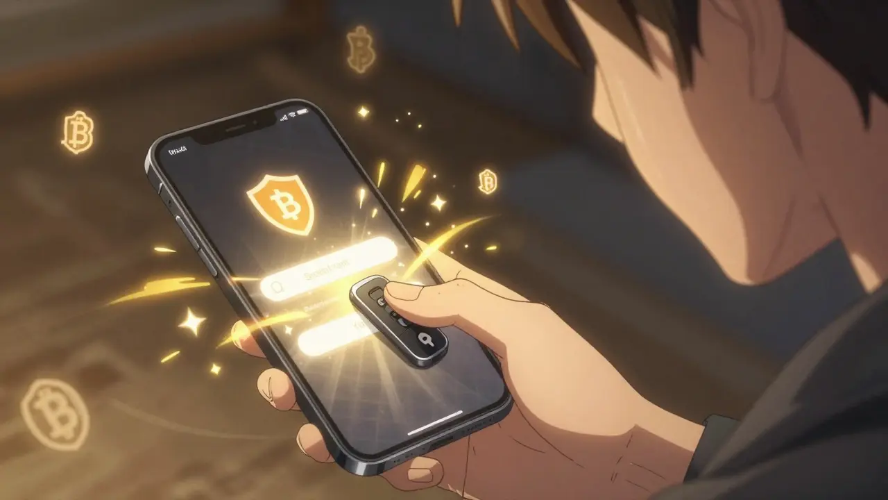 Une clé matérielle NFC se connecte à un téléphone, émettant une lueur dorée de sécurité.