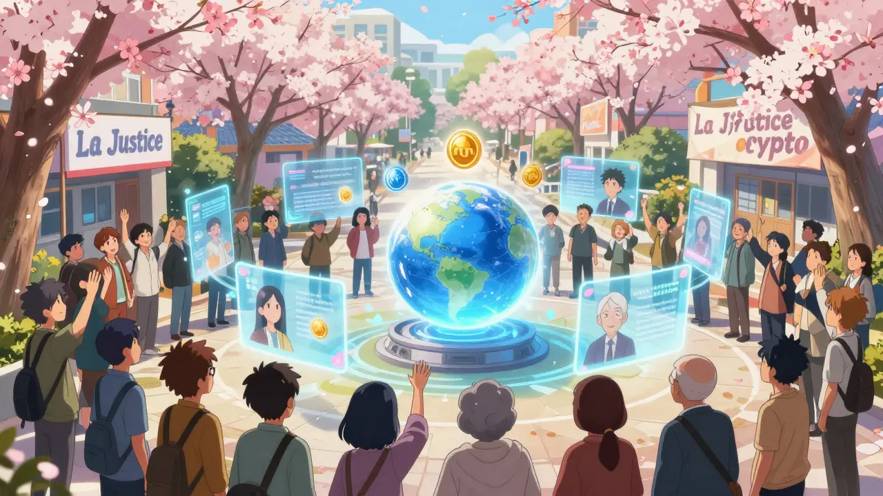 Une communauté vote sur des projets crypto dans une place numérique animée, avec des jetons KOM flottants.