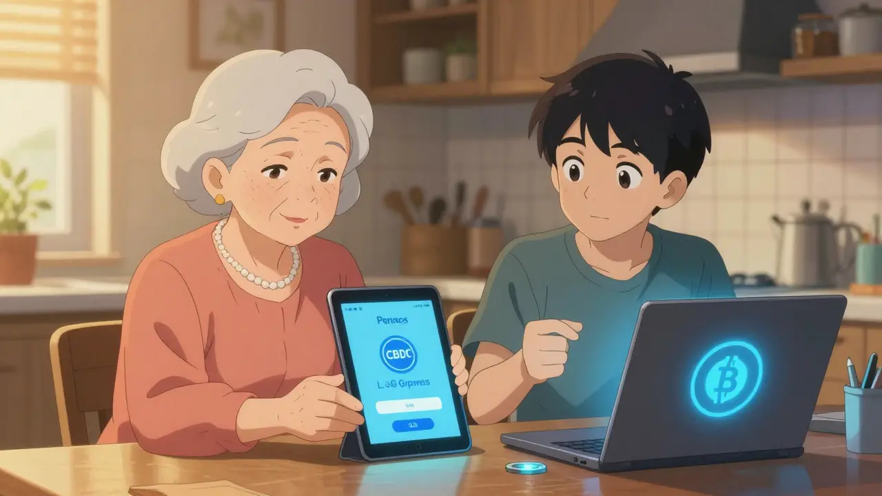 Une femme âgée reçoit sa pension en CBDC, tandis qu'un jeune tente de lui expliquer les cryptomonnaies dans une cuisine chaleureuse.