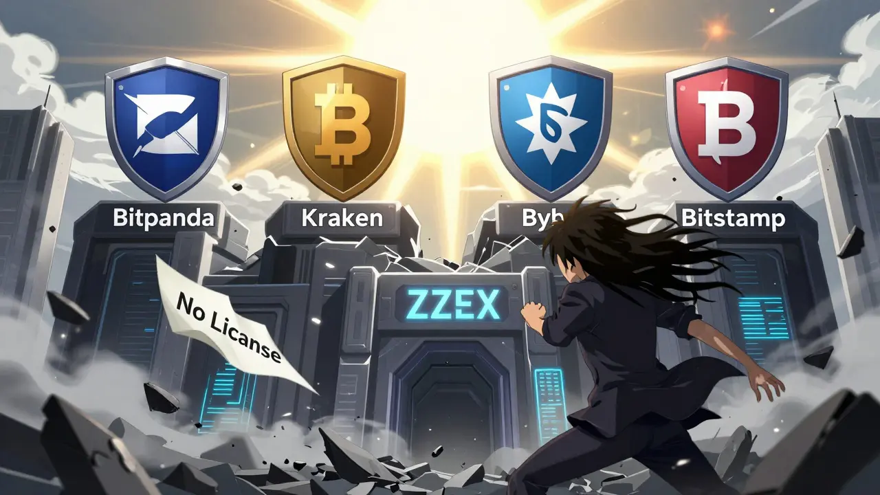 Une forteresse numérique 'ZZEX' en ruine tandis que d'autres échanges légitimes brillent sous le soleil.