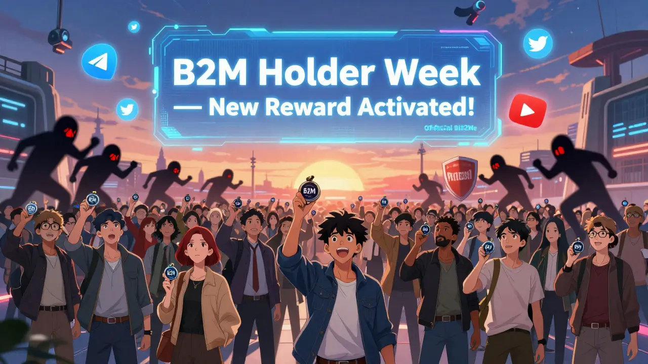 Une foule anime regarde une annonce holographique de B2M Holder Week dans une place numérique.