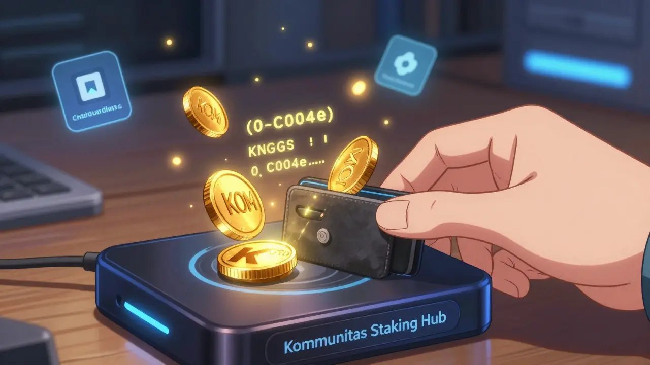 Une main insère un portefeuille BNB Chain dans un dispositif de staking, entouré de jetons KOM lumineux.