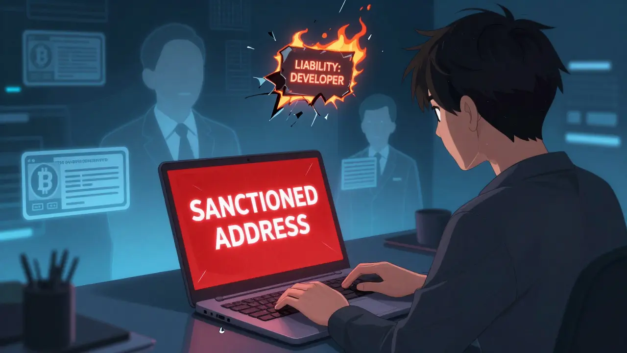 Une personne essayant d'envoyer des crypto vers une adresse sanctionnée, avec une alerte rouge et des ombres de conséquences légales.