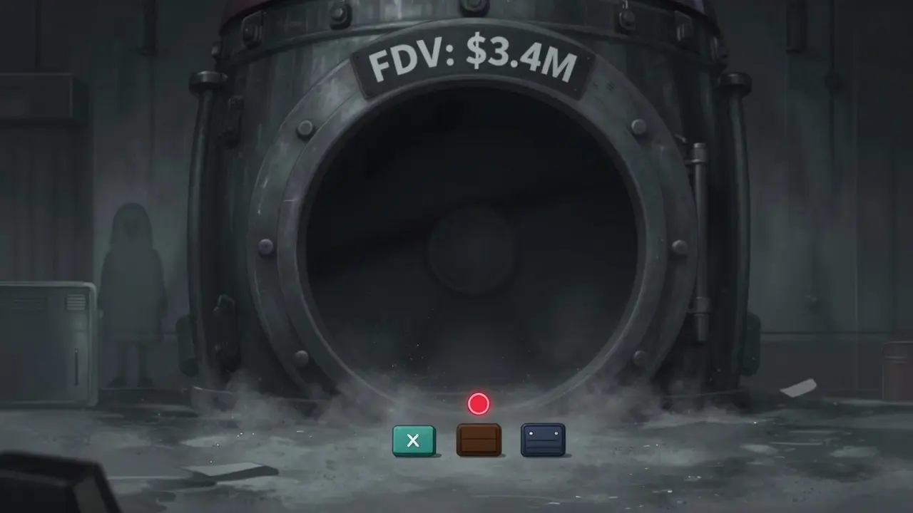 Une seule transaction X sur Uniswap V2, entourée d’un coffre vide marqué 'FDV: 3,4M $'.