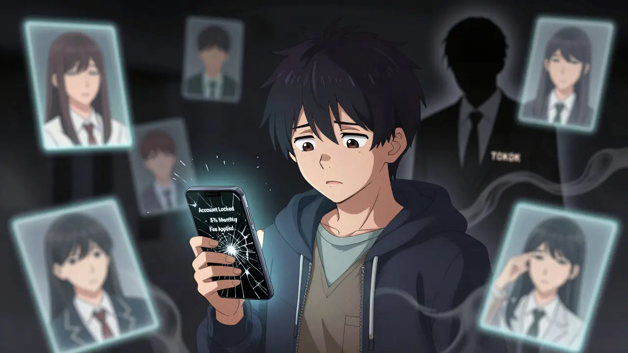 Utilisateur désespéré regardant son téléphone avec un message de frais mensuels, entouré de fantômes de personnes qu&#039;il a recrutées.