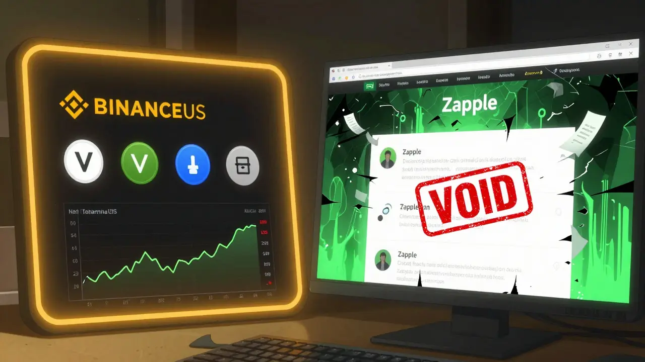 Comparaison visuelle entre des échanges crypto fiables et le site frauduleux Zapple en décomposition.