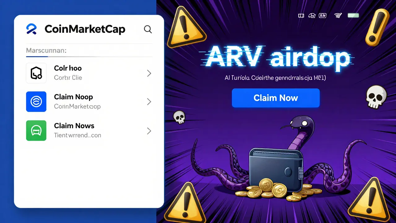 Comparaison visuelle entre l'interface officielle de CoinMarketCap et un site frauduleux ARV, avec un serpent numérique qui dévore des jetons.