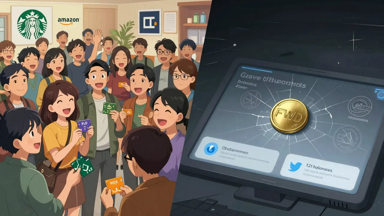 Contraste entre des projets de cashback crypto réels à gauche et un jeton FWD abandonné dans le vide à droite.