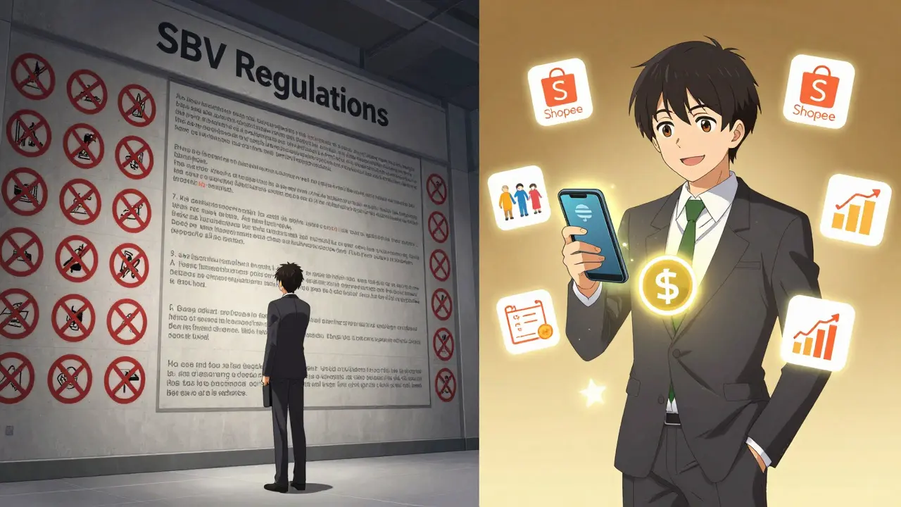 Contraste entre une régulation oppressante et un transfert d'argent numérique libre et lumineux.