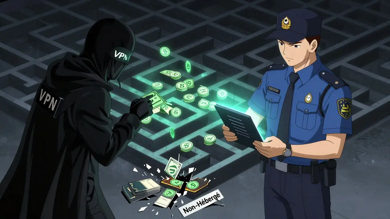 Criminel masqué tentant de contourner la surveillance via des portefeuilles intermédiaires, arrêté par un régulateur européen avec un registre lumineux.