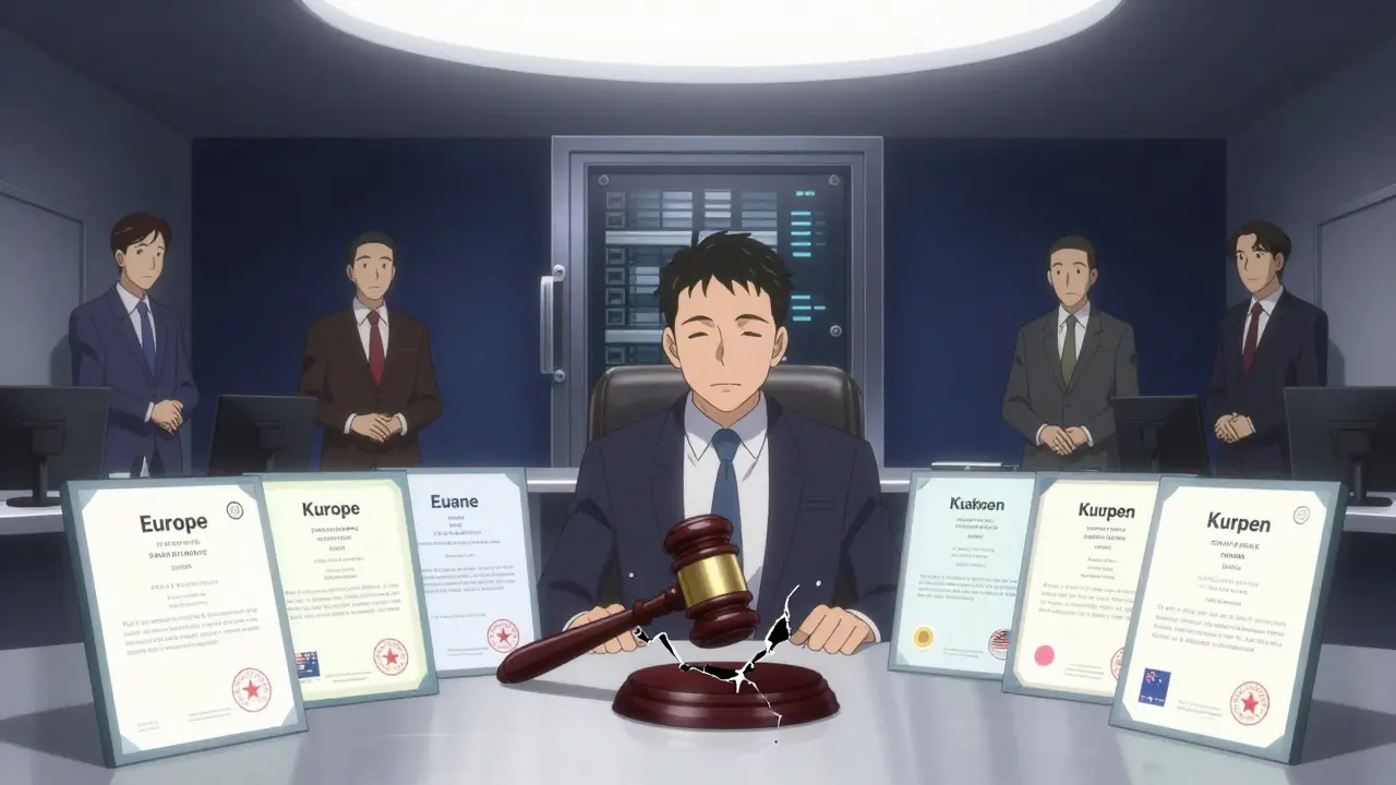 Dave Ripley entouré de licences internationales, devant un coffre-fort numérique sécurisé et un gavel fissuré.