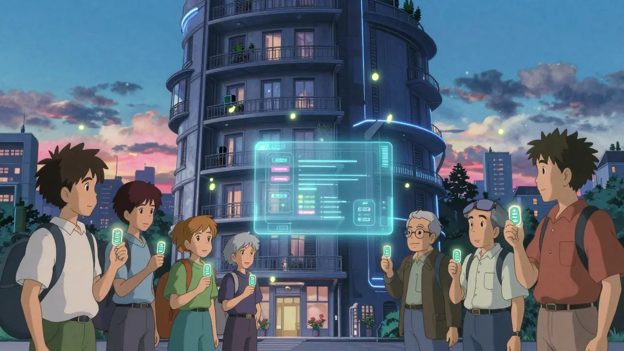 Des jetons numériques flottent autour d'un immeuble parisien, symbolisant la propriété fractionnée pour des acheteurs variés.