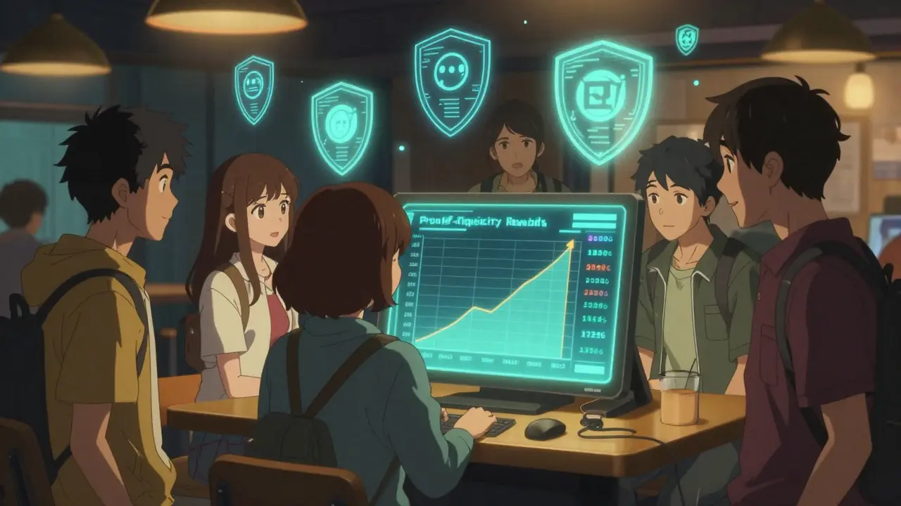 Des utilisateurs regardent des récompenses de liquidité augmenter sur un écran, des bots bloqués en arrière-plan.