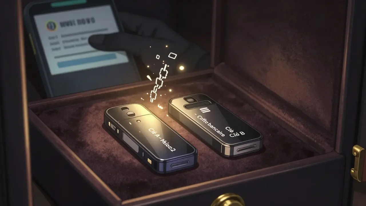 Deux clés physiques FIDO2 dans un coffre-fort, éclairées par une lumière dorée, avec des chaînes numériques qui se désintègrent.