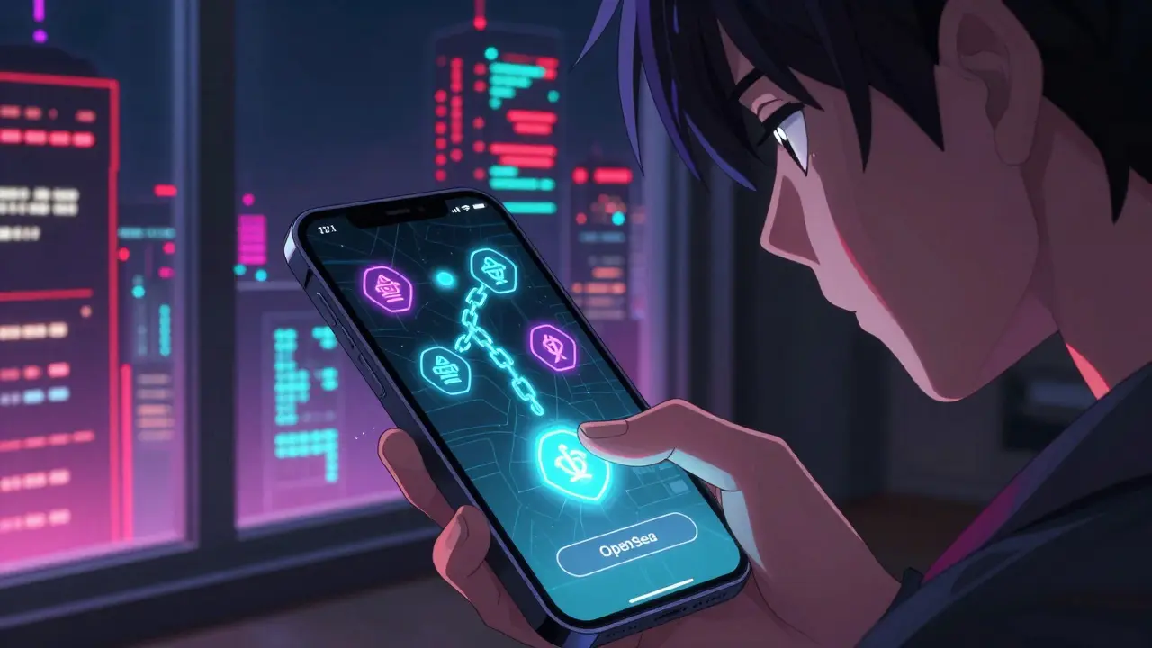 Écran d'un téléphone affichant un NFT en transit entre deux blockchains, avec des lumières néon et un reflet sur le visage de l'utilisateur.