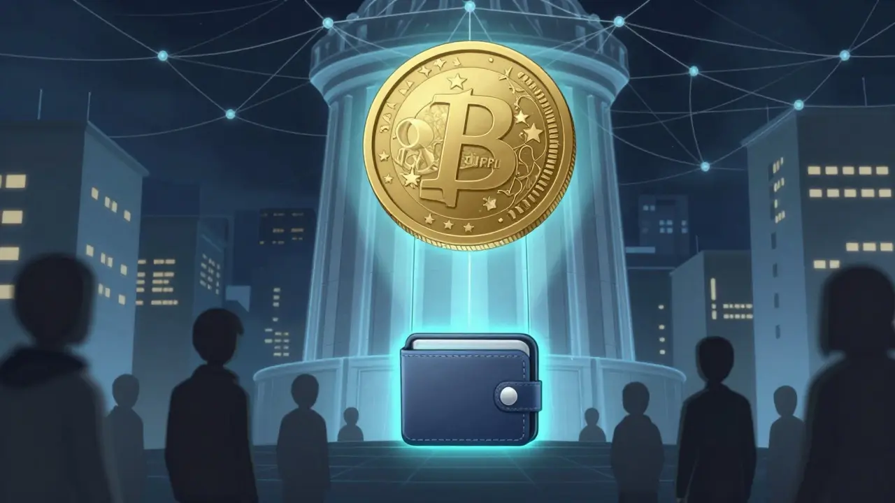 Euro numérique projetant un réseau de surveillance sur une ville, tandis qu'un portefeuille décentralisé brille dans l'ombre, symbole de résistance à la contrôle étatique.