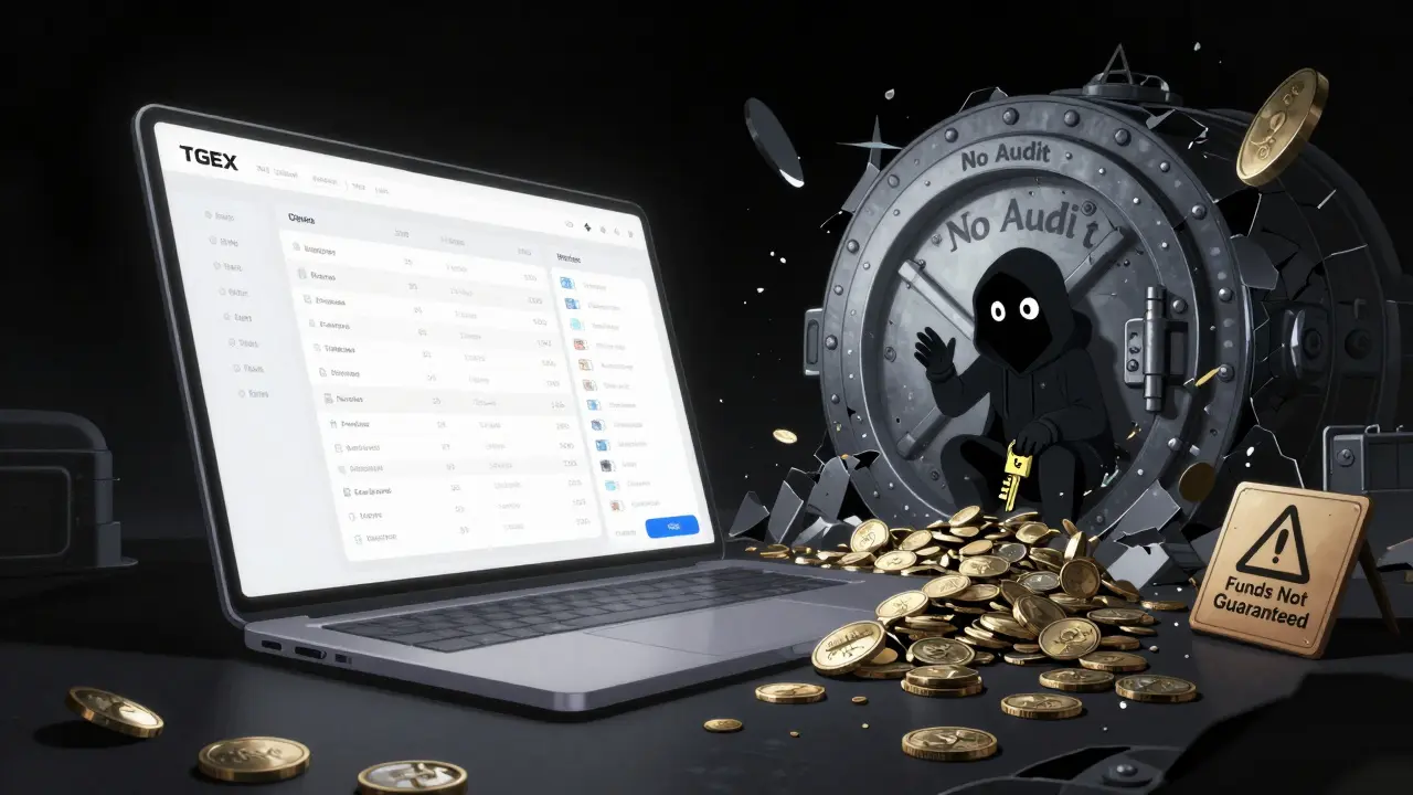 Interface TGEX propre à gauche, un coffre-fort en ruine à droite avec 'Aucun audit'.