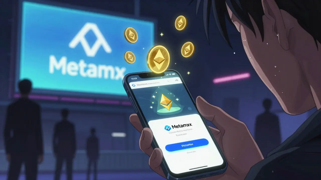 Main tenant un téléphone affichant un site de piratage crypto, un portefeuille numérique se vide sous un écran géant.