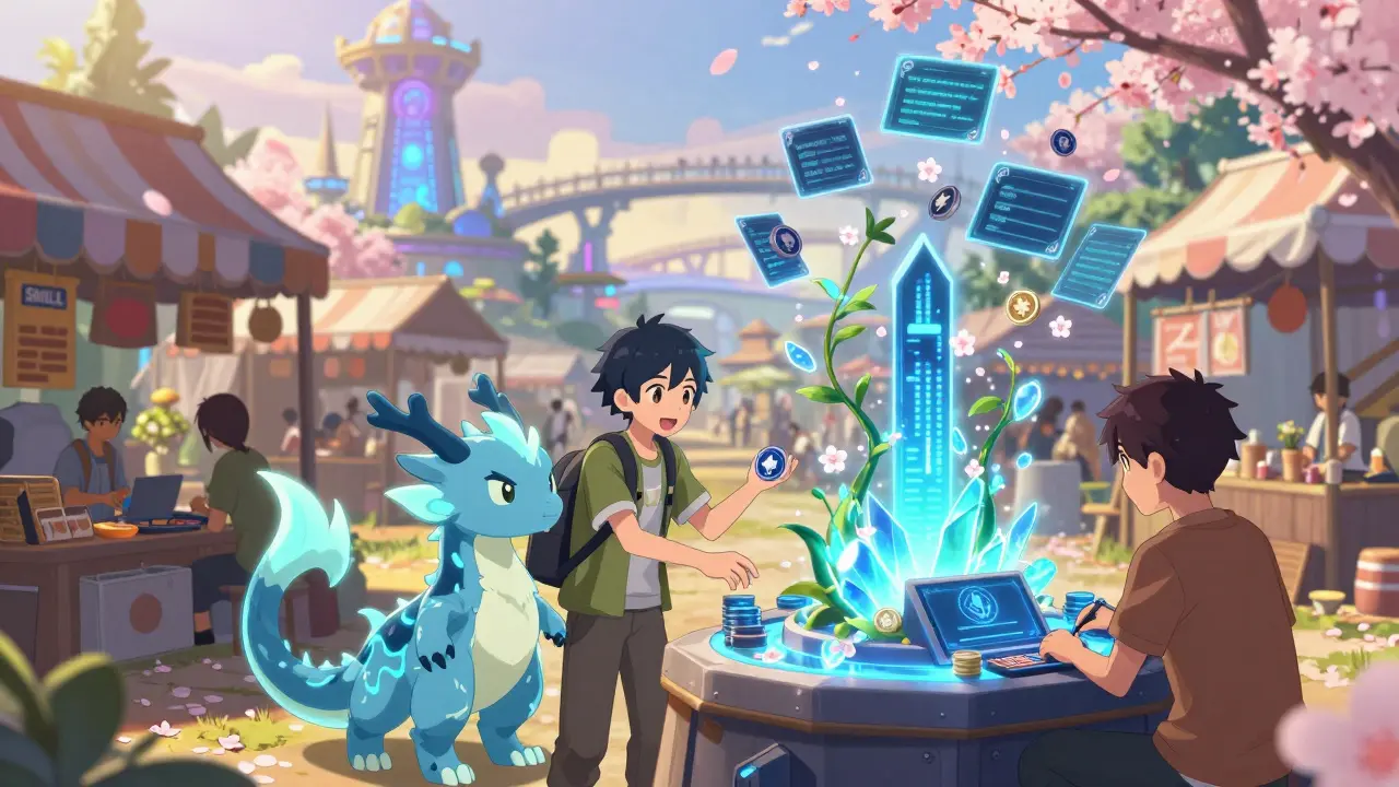 Marché in-game du Zed Universe où des joueurs échangent des NFTs et stakent des jetons SHILL sous un ciel numérique lumineux.