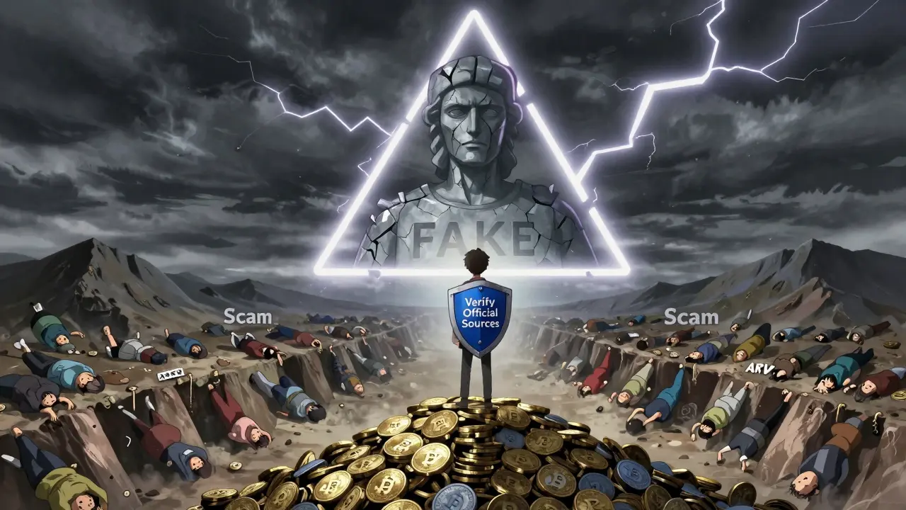 Personnage sur une montagne de jetons ARV, regardant des gens tomber dans un piège, une statue de CoinMarketCap effondrée au fond.