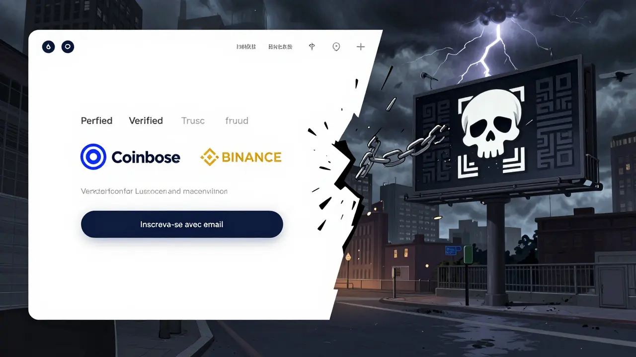 Scène divisée : à gauche une plateforme crypto légitime, à droite une arnaque avec un QR code et un token crâne, chaîne brisée.