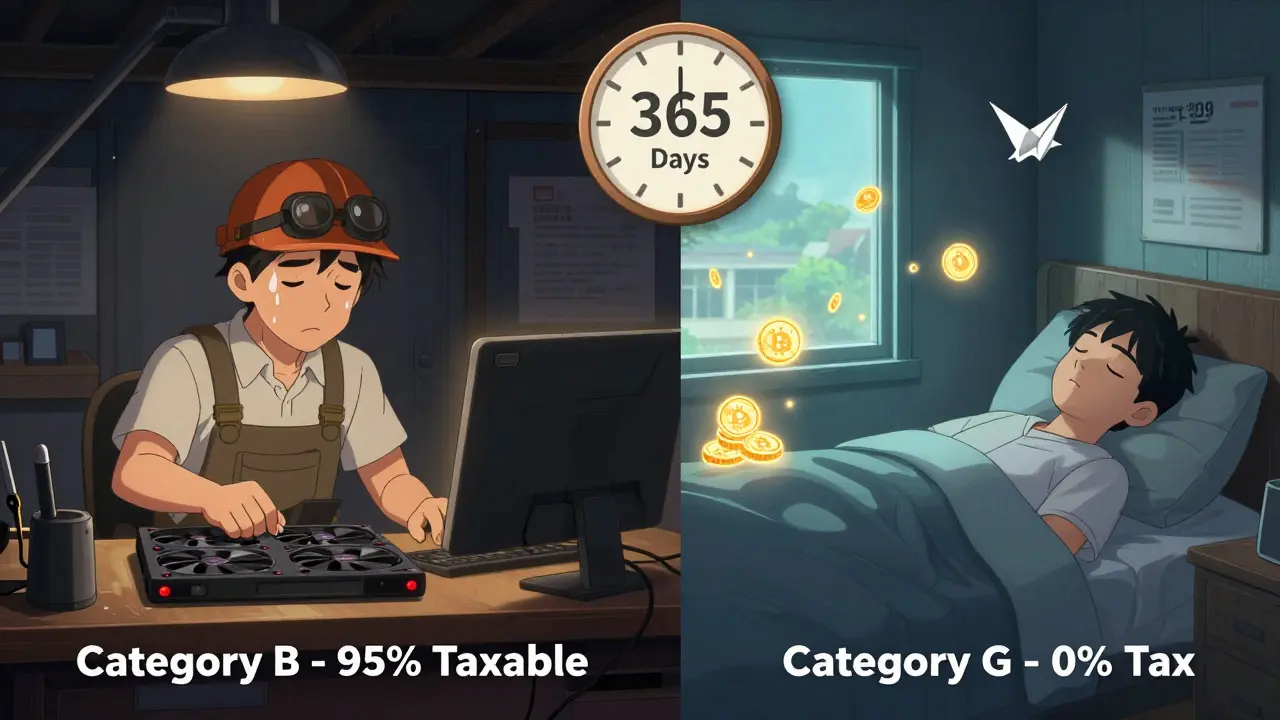 Scène divisée : un mineur stressé à gauche, un investisseur paisible à droite, avec une horloge marquant 365 jours au centre.