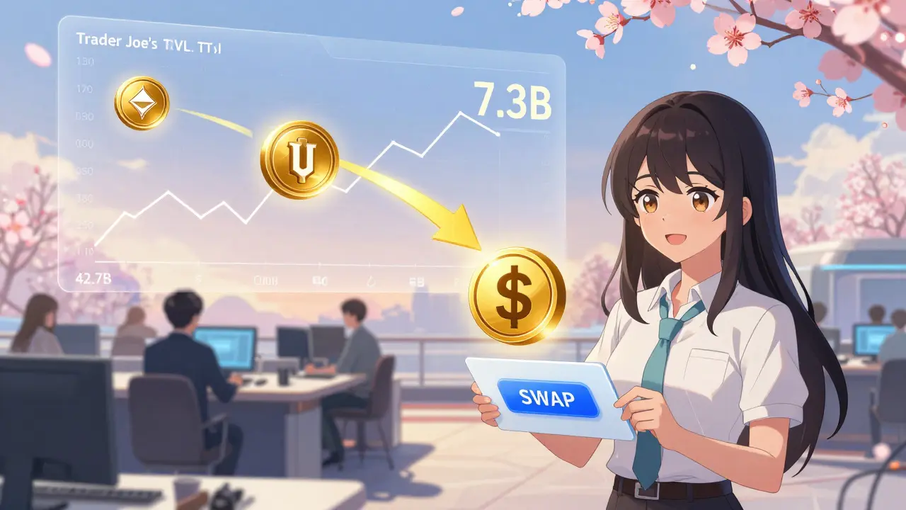 Trader féminin échangeant des stablecoins sur Avalanche avec une interface simple, style anime doux.