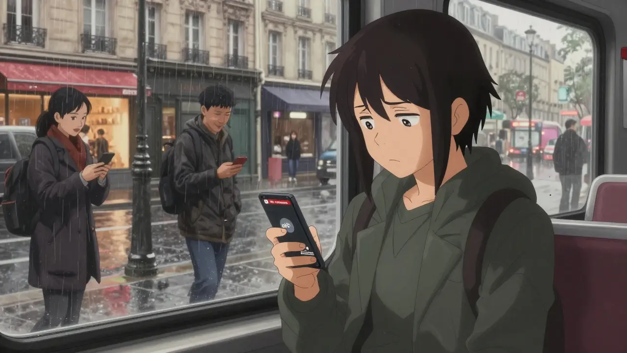 Un Français regarde tristement son téléphone où l'application DENT n'est pas disponible.