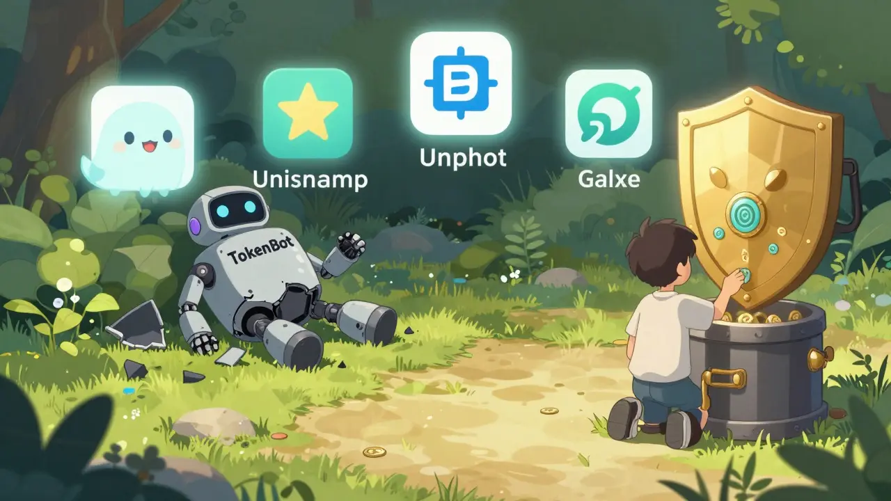 Un jardin numérique paisible avec des plateformes sécurisées comme Uniswap et Galxe, un utilisateur place en sécurité ses jetons dans un coffre.