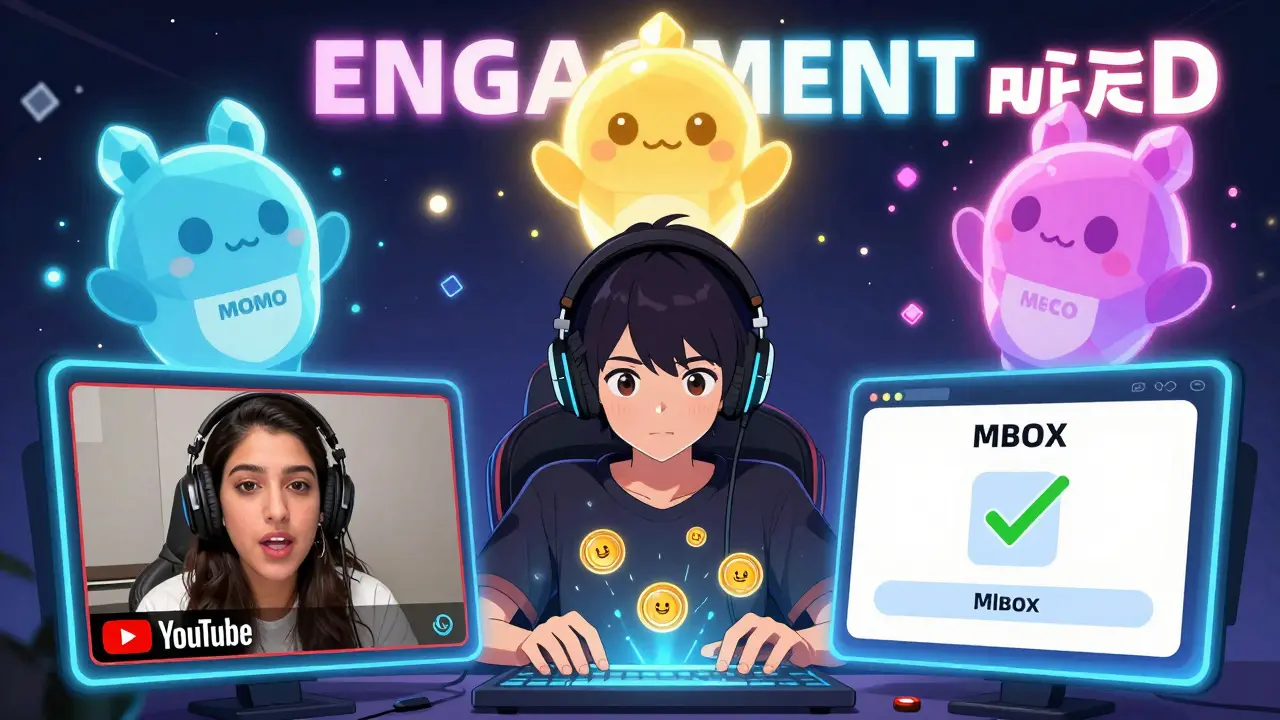 Un joueur regarde un livestream et remplit un quiz, des jetons MBOX entrent dans son portefeuille numérique.