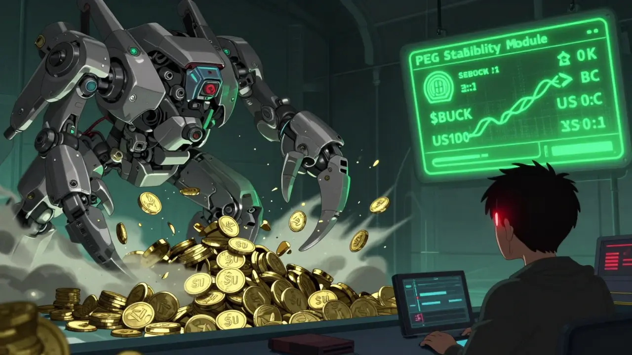 Un mécanisme de liquidation détruisant des actifs crypto sous une alerte rouge, avec un module de stabilité vert en arrière-plan.