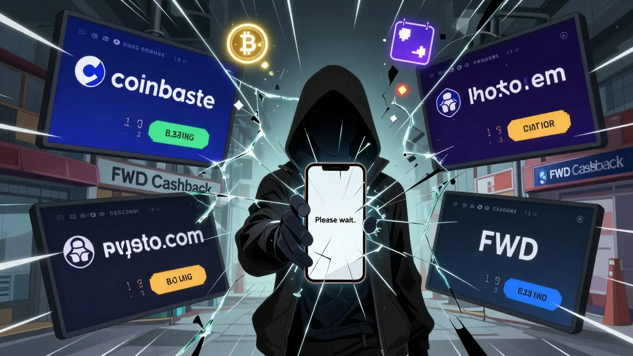 Un miroir brisé affichant des prix contradictoires de FWD, avec un écran de chargement infini au centre.