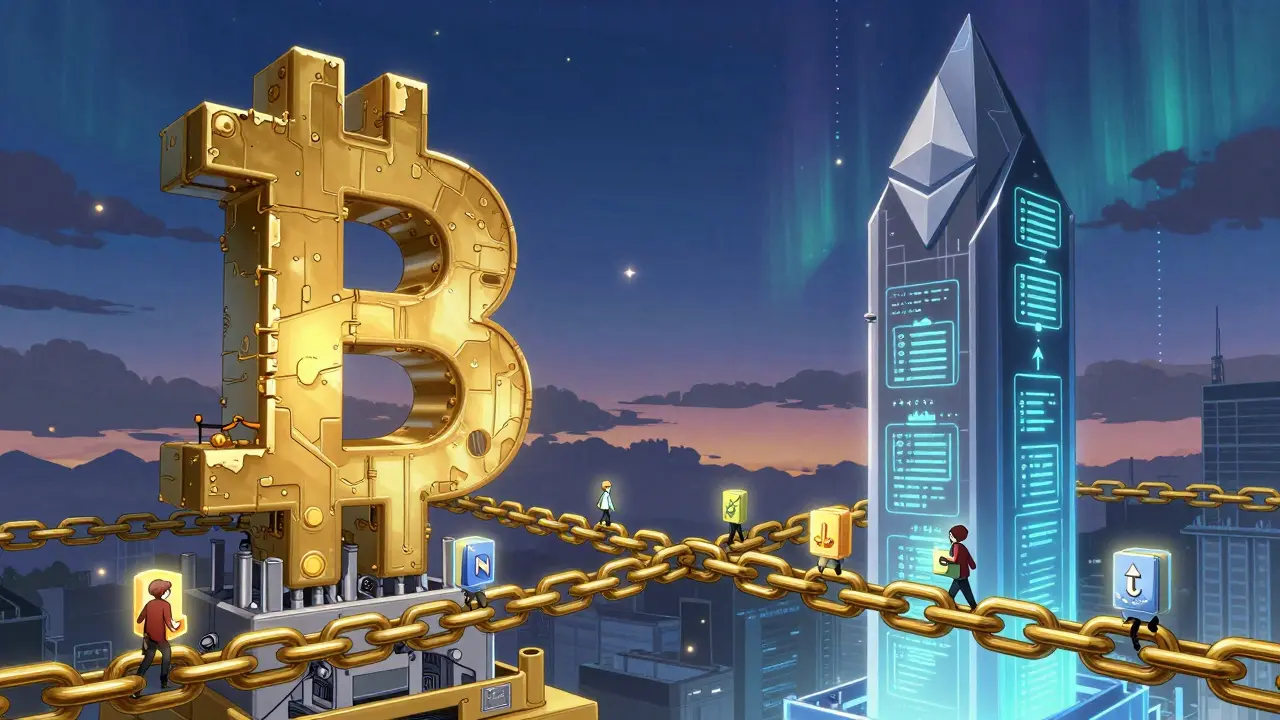 Un pont numérique relie Bitcoin et Ethereum, transportant des actifs emballés sous un ciel étoilé.