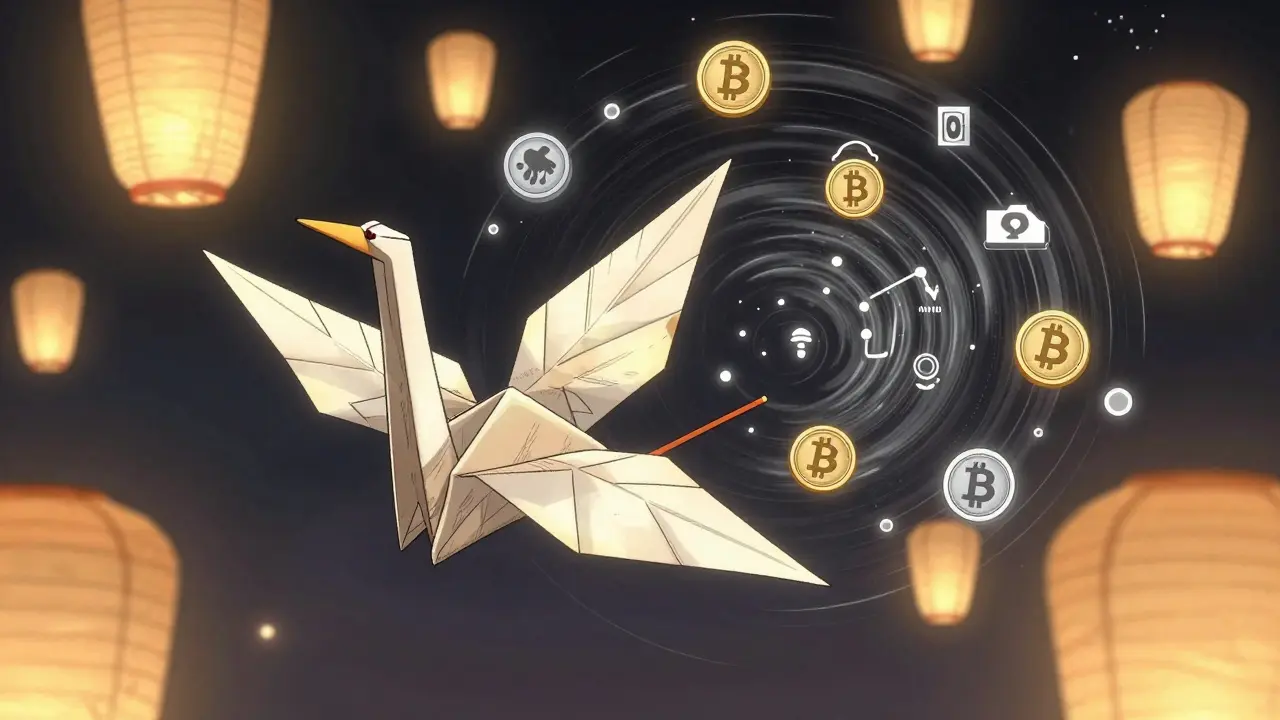 Un portefeuille se transforme en grue en papier qui libère des tokens WBTC dans un vortex DeFi.