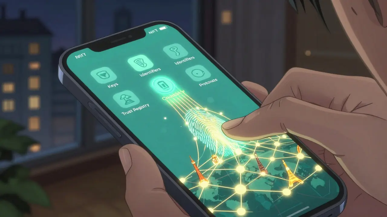 Un téléphone affiche un portefeuille d'identité décentralisée avec cinq couches techniques en flux lumineux.