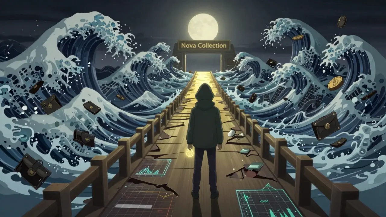 Un trader solitaire sur un pont en décomposition, tenant un jeton MOONPIG alors qu'une vague de ventes le submerge.