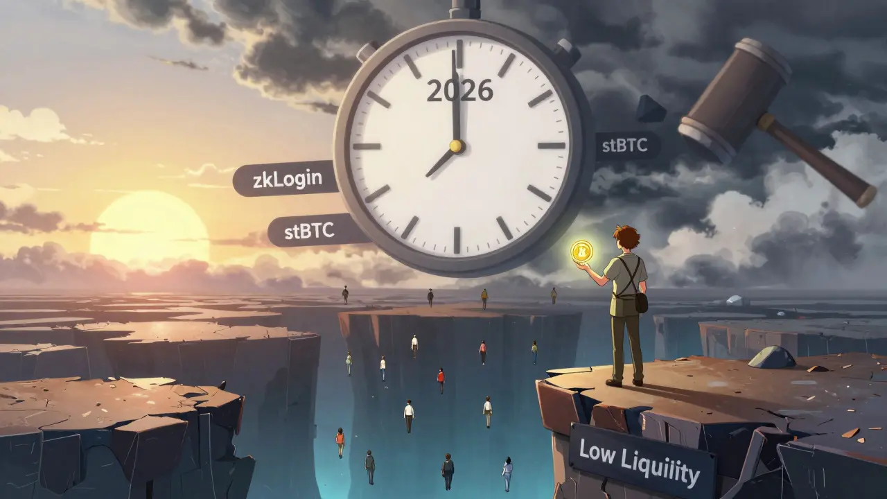 Un utilisateur tenant le jeton BUT sur une plateforme menaçante, au-dessus d'un abîme marqué 'Faible liquidité', sous un ciel divisé.