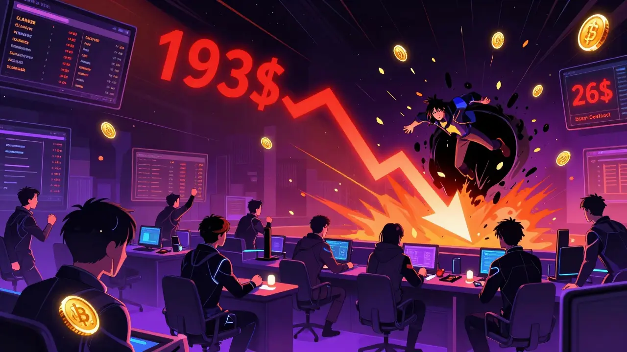 Une bourse crypto en chute libre avec des traders paniqués et un graphique qui s'effondre de 193 $ à 26 $, des jetons CLANKER tombent comme des feuilles.