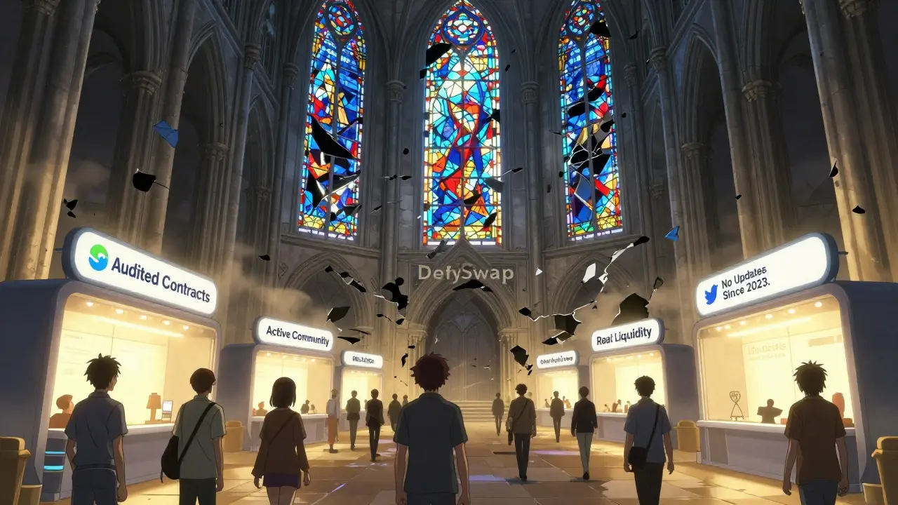 Une cathédrale DefySwap en ruine, tandis que des utilisateurs s'avancent vers des échanges décentralisés réels.