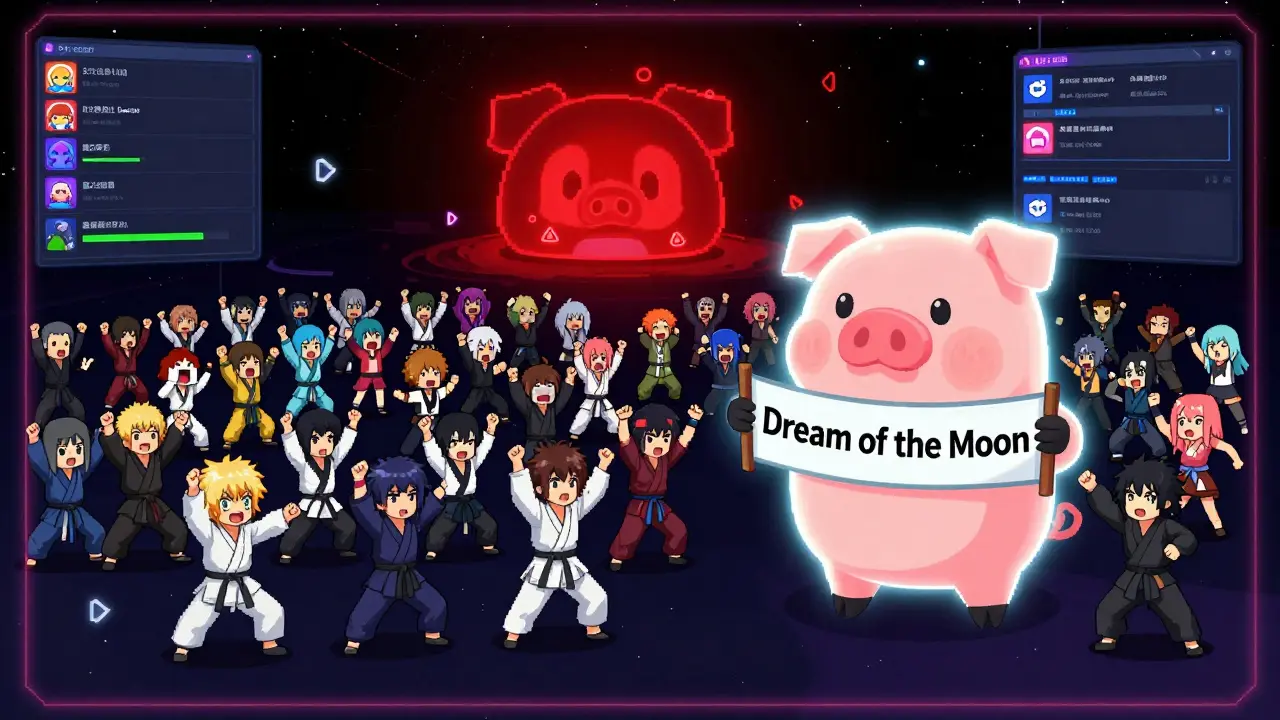 Une communauté anime réunie autour d'un mascotte 'Nova' dans un dojo numérique, avec un pool de liquidité menaçant en arrière-plan.