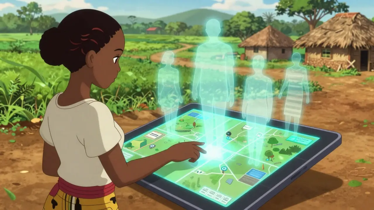 Une femme en Ghana visualise ses limites foncières immuables sur une tablette holographique au milieu d'un champ.